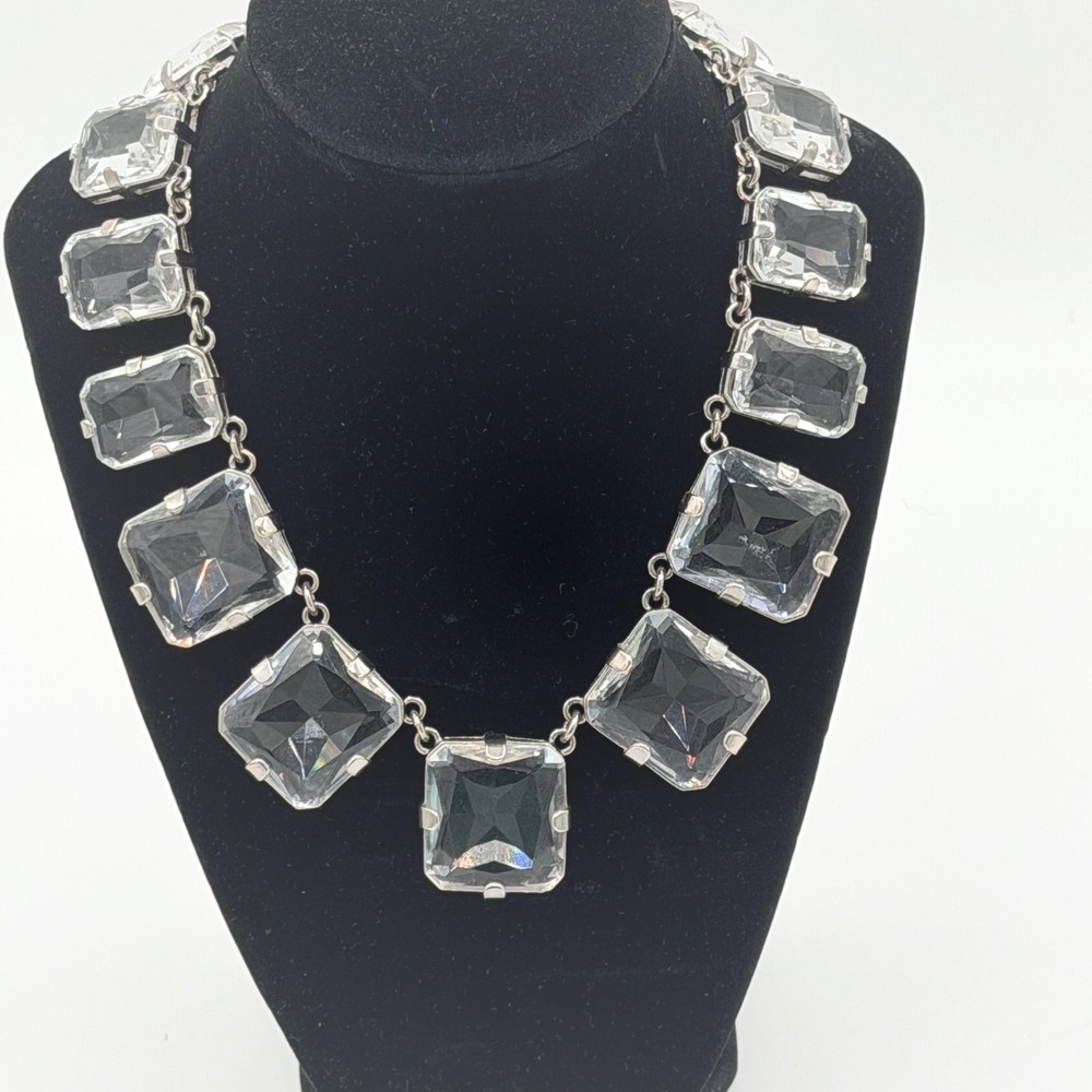 Clear Crystal Rhinestone Bib Necklace Silver Tone Art Deco Glam Vintage Style